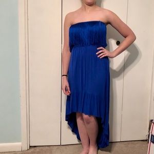 Royal blue strapless hi-low fringe dress